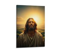 fhujgg Poster religioso, stampa artistica da parete su tela, motivo Gesù beige, con veste al tramonto sulle colline, per soggiorno e camera da letto, 50 x 75 cm, con cornice