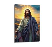 fhujgg Poster religioso, stampa artistica da parete su tela, motivo Gesù con scialle e colline blu, per soggiorno e camera da letto, 60 x 90 cm, con cornice