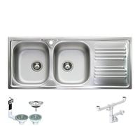 FHULLER Lavello TM1162IRPC da incasso 2 vasche con gocciolatoio destro| Acciaio Inox Prelucido | 116x50 cm | Foro Scarico 3,5” | Lavello Cucina Resistente, Igienico e Facile da Pulire