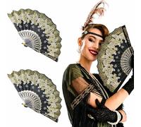 FHUZRE 2 Pezzi Ventaglio con Motivo di Farfalle Accessori Anni 20 Donna Gatsby Set, Kit Ventagli Accessori Anni 20 Carnevale Costume Ventaglio Donna Nero Charleston Costumi