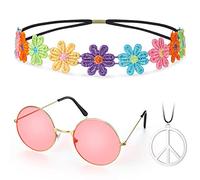 Fiada Set di Accessori per Costume Hippie Occhiali da Sole Rotondi di Anni '60 Collana con Segno di Pace Fascia per Capelli di Margherita Girasole per Donna Travestimenti (Rosa, Colorato)