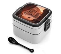 Fiambrera bento de doble capa con diseño de ciudad antigua y resplandor del desierto para adultos, con cuchara y asa. Fiambrera apilable de una pieza, hermética, para el trabajo, picnics y viajes.