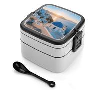 Fiambrera Bento de doble capa con diseño de edificios azules y blancos y vistas al mar para adultos, con cuchara y asa. Fiambrera apilable de una pieza, hermética, para el trabajo, picnics y viajes.