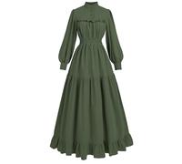 Fiamll Abito vintage medievale da donna, a maniche lunghe, linea ad A, colletto alto, abito da cocktail, abito da sera elegante, per il tempo libero, verde scuro, M
