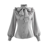 Fiamll Camicia Vittoriana da Donna, in Stile Gothic, Vintage, con Colletto Alto, a Maniche Lunghe, Steampunk, Renaissance, per Halloween, Carnevale, Festa in Maschera, grigio., M