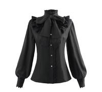 Fiamll Camicia Vittoriana da Donna, in Stile Gothic, Vintage, con Scollo a Bottone, a Maniche Lunghe, Steampunk, Renaissance, per Halloween, Carnevale, Festa in Maschera, A-nero., XL