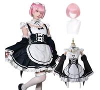 Fiamll Costume per Cosplay Anime Ram Re Life In a Different World from Zero Maid Uniform Completo Set per Carnevale e Feste con Parrucca per Donne e Ragazze S