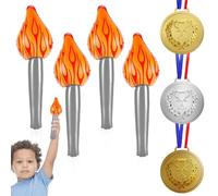 Fiamma olimpica 2024, 4 pezzi, gonfiabile, con torcia olimpica e 3 medaglie d'oro e bronzo per giochi di decorazione divertente fiamma per feste tematiche e partite sportive