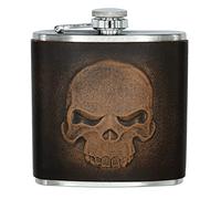 Fiaschetta con teschio da motociclista, in acciaio inox, in vera pelle, realizzata a mano, con patina anticata, per moto, pesante, in metallo, colore: marrone
