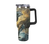Fiaschetta da viaggio da 1180 ml, a prova di perdite, tazza termica riutilizzabile con cannuccia, per bevande calde e fredde, delfini che saltano fuori dal mare al tramonto