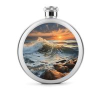 Fiaschetta, fiaschetta in acciaio inox con stampa di onde rocciose al tramonto, moderna fiaschetta da campeggio, fiaschetta da 5 once