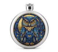Fiaschetta in acciaio inox con gufo colorato con luna e stelle, per liquori, tascabile, rotonda, portatile, per bevande, 141,7 g