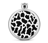 Fiaschetta in acciaio inox con motivo a pelle di mucca bianca e nera per liquori, tascabile, rotonda, portatile, per bevande, 141,7 g