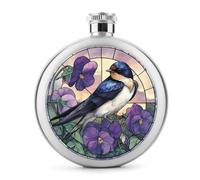 Fiaschetta in acciaio inox con rondine e viola in vetro colorato, per liquori, tascabile, rotonda, portatile, per bevande, 141,7 g