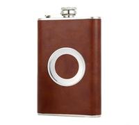 Fiaschetta in acciaio inox da 240 ml con custodia in ecopelle, tappo a prova di perdite e tazza integrata per whisky e liquori (marrone)