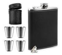 Fiaschetta in acciaio inox da 8 oz, fiaschetta in acciaio inox con imbuto e 4 piccole tazze, adatta per trasportare alcol, fiaschetta tascabile per escursioni e feste (nero)