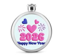 Fiaschetta in acciaio inox per liquori con scritta "Happy New Year", con glitter rosa, per liquori, tascabile, rotonda, portatile, per bevande, 141,7 g