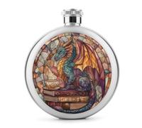 Fiaschetta in acciaio inox per liquori, con stampa di drago fantasy su vecchi libri, in vetro colorato, tascabile, rotonda, portatile, per bevande, 141,7 g