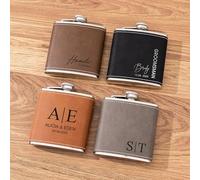Fiaschetta in Pelle Personalizzata per Uomini - Fiaschetta in Acciaio Inox Argento 6 oz con Incisione - Regalo per Testimoni di Nozze o Padrino