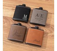 Fiaschetta in Pelle Personalizzata per Uomini - Fiaschetta in Acciaio Inox Nero 6 oz con Incisione - Regalo per Testimoni di Nozze o Padrino