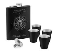 Fiaschetta nera in metallo - 200ml - 4 bicchieri e mini imbuto - incisione personalizzata - in acciaio inossidabile - dimensioni 15,5cm x 9,5cm - pensiero per uomo - bussola