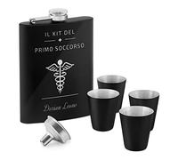 Fiaschetta nera in metallo - 200ml - 4 bicchieri e mini imbuto - incisione personalizzata - in acciaio inossidabile - dimensioni 15,5cm x 9,5cm - pensiero per uomo - primo soccorso