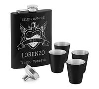 Fiaschetta nera in metallo - incisione personalizzata - 200ml - in acciaio inossidabile - 4 bicchieri e mini imbuto - dimensioni 15,5cm x 9,5cm - pensiero per uomo - l’elisir d’amore