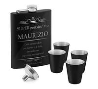 Fiaschetta nera in metallo - incisione personalizzata - 200ml - in acciaio inossidabile - 4 bicchieri e mini imbuto - dimensioni 15,5cm x 9,5cm - pensiero per uomo - super pensionato