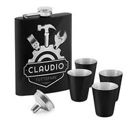 Fiaschetta nera in metallo - incisione personalizzata - 200ml - in acciaio inossidabile - 4 bicchieri e mini imbuto - dimensioni 15,5cm x 9,5cm - pensiero per uomo - tuttofare