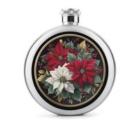 Fiaschetta per liquori, in acciaio inox, con motivo a stelle di Natale rosse e bianche, con foglie di agrifoglio, tascabile, rotonda, portatile, per bevande, 141,7 g