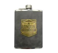 Fiaschetta souvenir di Londra in acciaio inox - 8 once rivestimento in pelle grigia e metallo emblema Londra Gran Bretagna - Inghilterra Collictable