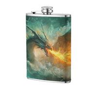 Fiaschetta tascabile con drago che respira il fuoco fantasy art da 237 ml, in acciaio inox, per papà, testimone dello sposo, matrimonio, viaggi, campeggio