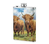 Fiaschetta tascabile con due mucche delle Highland da 237 ml, in acciaio inox, per papà, testimone dello sposo, matrimonio, viaggi, campeggio