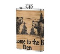 Fiaschetta tascabile in legno con scritta "Welcome to the Bear's Den", 237 ml, con bandierine in acciaio inox, per papà, testimone dello sposo, matrimonio, viaggi, campeggio