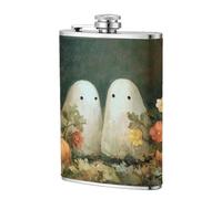 Fiaschetta tascabile vintage con due simpatici fantasmi in fiori, 236 ml, in acciaio inox, per papà, testimone dello sposo, matrimonio, viaggi, campeggio