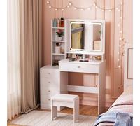 Fiauli Make up - Lavabo 90 x 36 x 132 cm, tavolo da toeletta con specchio, touch screen illuminato a 3 colori, con cassetti e ripiani aperti, vestimento regolabile per dormire
