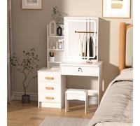 Fiauli Make up - Lavabo con specchio di illuminazione a LED a 3 colori, 4 cassetti e mensole di apertura, per camera da letto, con sedia, colore: Bianco