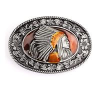 Fibbia per cintura capo indiano nativo americano per uomo, fibbia per cintura capo guerriero indiano, fibbia per cintura in filigrana capo tribale indiano, fibbia per cintura da cowboy (Argento)
