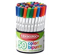FIBRACOLOR Pennarelli Bipunta, barattolo 50 pennarelli in 50 colori diversi, punta conica e punta fine, doppio tratto di scrittura, superlavabili