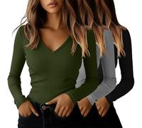 Ficerd Confezione da 3 Maglie a Coste per Donna | Tops in Cotone Con Scollo a V Per Uscire, Abbigliamento Casual Business, Canottiere Basic Aderenti Per Sotto Le Divise