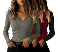 Ficerd Confezione da 3 Maglie a Coste per Donna | Tops in Cotone Con Scollo a V Per Uscire, Abbigliamento Casual Business, Canottiere Basic Aderenti Per Sotto Le Divise