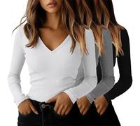 Ficerd Confezione da 3 Maglie a Coste per Donna | Tops in Cotone Con Scollo a V Per Uscire, Abbigliamento Casual Business, Canottiere Basic Aderenti Per Sotto Le Divise