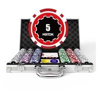 HEITOK Set di fiches da poker con denominazioni, 300 fiches numerate professionali da 11,5 g con custodia in alluminio, include 5 dadi e 2 mazzi di poker per Texas Hold'em