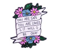 Ficsowy Spilla smaltata con scritta in lingua inglese "You Are Safe You Are Loved It Will Be Okay", spilla a forma di fiore dell'amicizia, accessorio elegante per giacche, zaini, rame, senza pietre