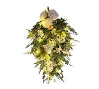 Fictory Cesto da appendere con rose bianche artificiali da 50 cm, con luci a LED, albero floreale capovolto per interni ed esterni, decorazione per la casa primaverile ed estiva