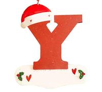 Fictory Ornamenti natalizi personalizzati in legno con cappello di Babbo Natale, 26 lettere dalla A alla Z, per decorazioni fai da te per il nome, albero di Natale in legno rosso e decorazioni per la