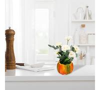 Fictory Pianta di crisantemo artificiale, fiori rosa in tre tonalità di mamma in vaso di zucca, composizione floreale finta in seta per decorazione domestica, centrotavola, scrivania da ufficio