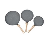 Fictory Set di 3 padelle grigie, pietra maifan antiaderente, manico in legno, versatile per la colazione, facile da pulire, soluzione per pentole conveniente