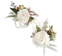 Fictory Set di bouquet da polso e fiore all'occhiello con peonia color avorio per matrimoni, balli, feste, eleganti accessori floreali per spose, spose, damigelle d'onore, testimoni dello sposo