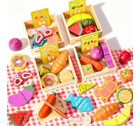 Fiderix Set di cibo da gioco in legno da 70 pezzi con 4 categorie di | Frutta, verdura, pane, dolci e carne tagliabili per la selezione Montessori, cucina per bambini e giochi al negozio di